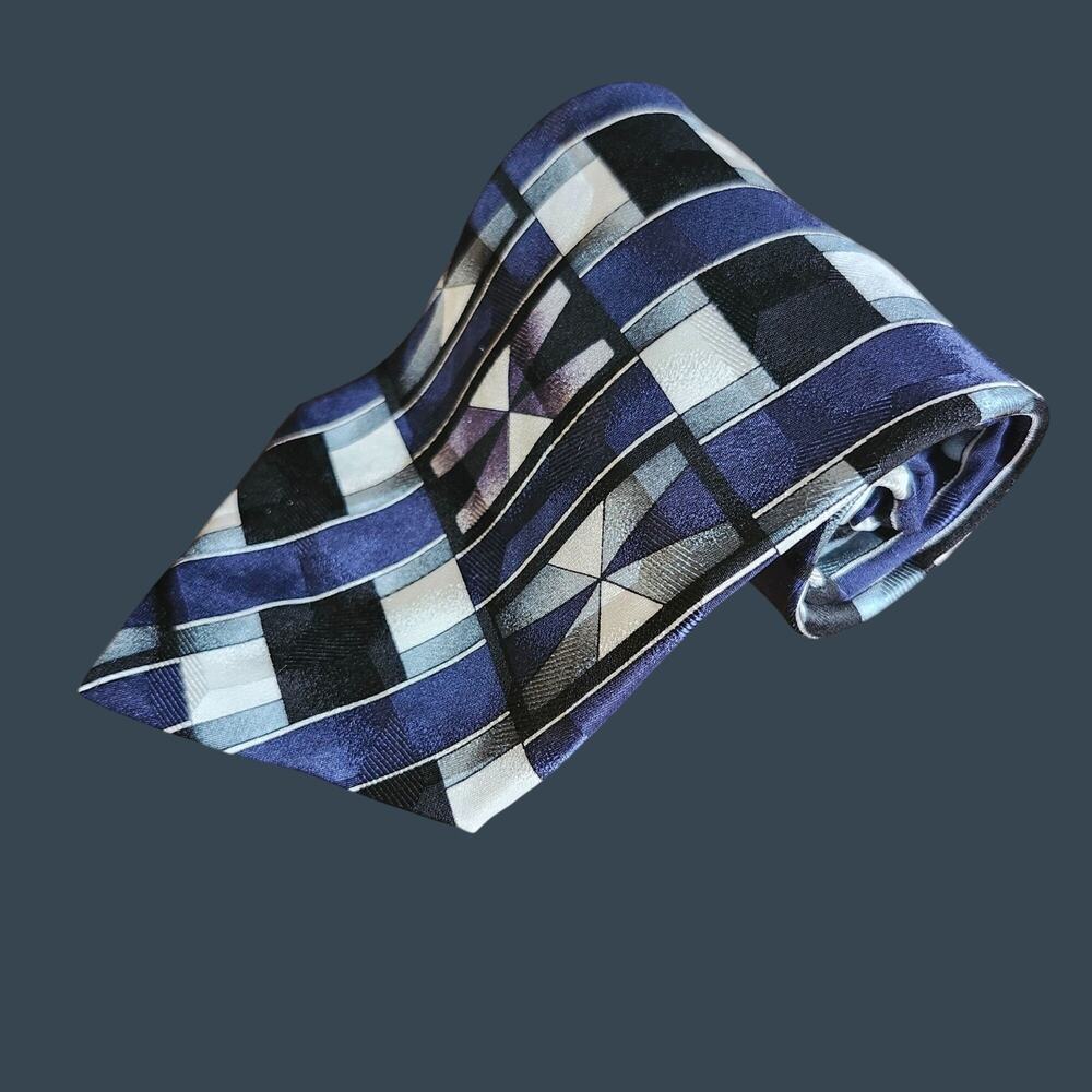 Men's Conte Di Milano Geometric Pattern Silk Tie Blue & White 58" X 4"